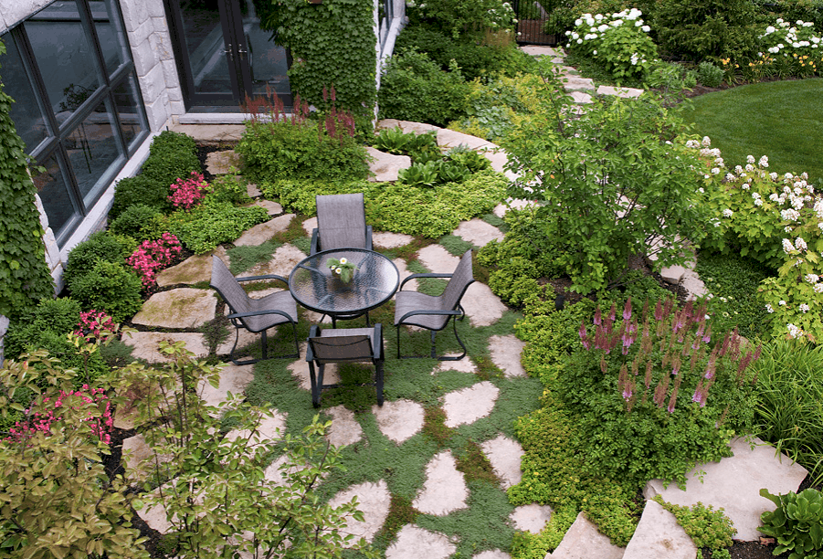 flagstone patio with creeping thyme