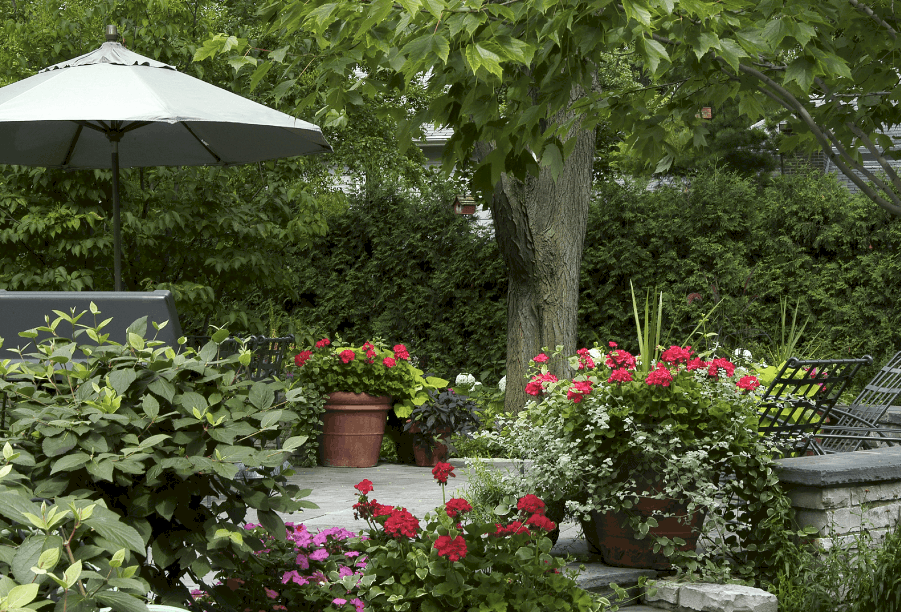 patio with umbrella and pots overflowing with flowers