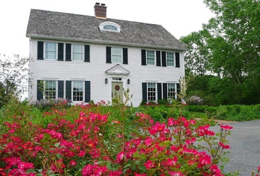 red roses in front of white clapboard house